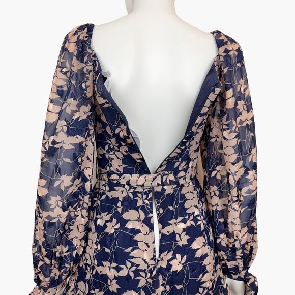 NWT PETAL + PUP Floral Puff Sleeve Ruffle Hem Mini Dress (Navy/Beige | Size 4) - Picture 9 of 11